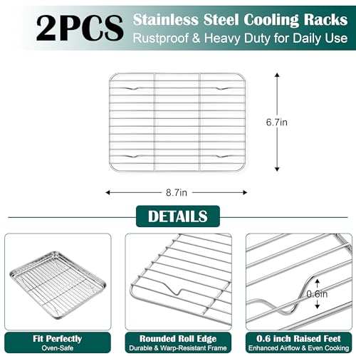E-far Small Baking Sheet with Wire Rack (2 Pans + 2 Racks), Stainless Steel Cookie Sheets Trays & Cooling Rack for Toaster Oven, Non Toxic & Warp Resistant, Oven & Dishwasher Safe, 9.4 x 7.3 x 1 Inch - size: 9.4''x7.3''