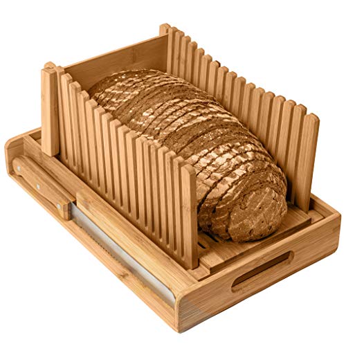 Bamboo Bread Slicer with Crumb Tray Bamboo Bread Cutter for Homemade Bread, Loaf Cakes, Bagels Slicer, 3 Slice Sizes, Adjustable, Compact, Foldable