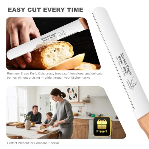 2-Pack Bread Knife & Bread Lame Set: 10" Premium Stainless Steel Serrated Knives Blade with Wood Handle for Homemade Bread, Sourdough Tomato, Bagel + Dough Scoring Tool for Razor Sharp Carving - size: 10 inches
