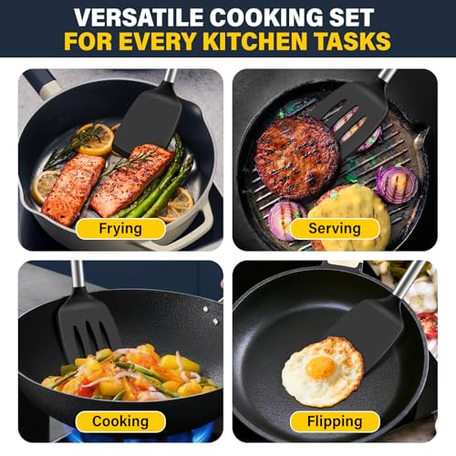 2 Pack Silicone Spatula Set, Solid & Slotted Turner for Non-Stick Pans - color: Black