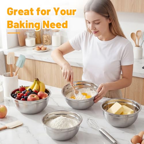 Beasea Mixing Bowls Set of 5, 3.4 QT Unbreakable Stainless Steel Mixing Bowls with Lids for Kitchen, Prepping, Food Serving, Storing, Nesting Metal Baking Bowl with Lid for Bread Dough, Cream, Batter - size: 3.4 QT