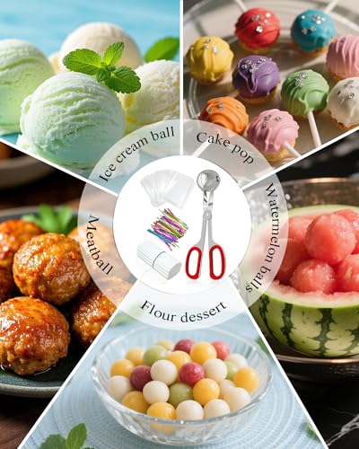 Cake Pop Mold Set, Including 100 Plastic 6-inch Sticks, 100 Treat Bags, 100Pcs Color Ties, Meat Baller for Cake Pops, Scooper Ball Maker for Lollipop, Candies, Chocolates and Cookies (Red) - color: Red