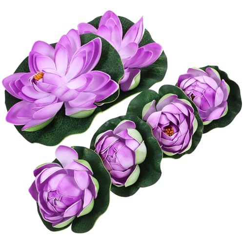 ULTECHNOVO 6pcs Artificial Floating Foam Lotus with Water Lily Pad, Decor Floating Pool Simulation Water Lilies Garden Floating Decoration Pond Plants Fake Artificial Purple Floor