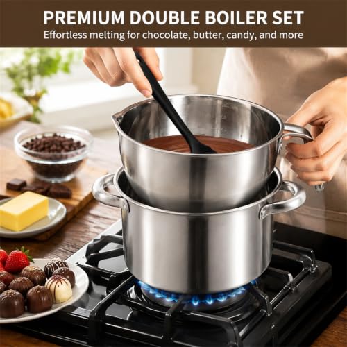 ZENFUN Double Boiler Pot Set with Silicone Spatula, 2000ML/1.8QT Chocolate Melting Pot with 2800ML/2.54QT Stainless Steel Pot, Candy Melting Pot, Chocolate Melter for Butter, Caramel, Cheese, Wax,