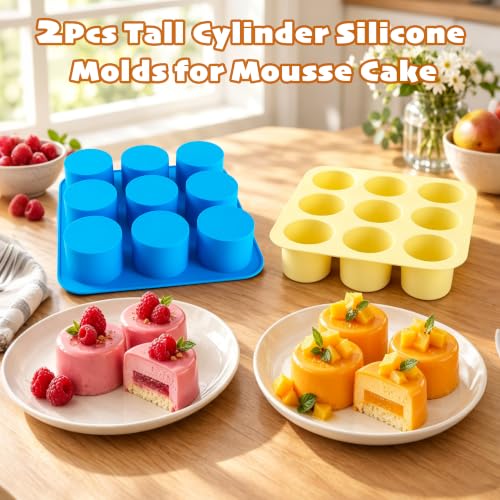 Sidosir 2Pcs Tall Cylinder Silicone Molds for Baking, 9-Cavity Non-Stick Silicone Baking Molds for Small Mousse Cake - size: Tall Cylinder Silicone Mold