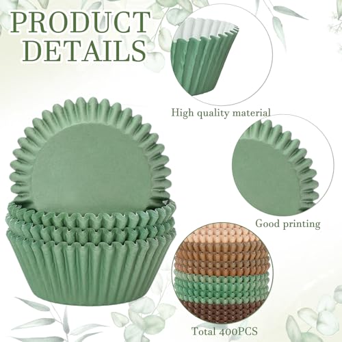 FYSUIMU 400 Pcs Sage Green Brown Cupcake Liner Paper Baking Cups Woodland Themed Muffin Liner Cake Storage Container for Fall Autumn Harvest Forest Animal Safari Party Birthday Supplies, 2 x 1.2 Inch - color: Sage Green Brown