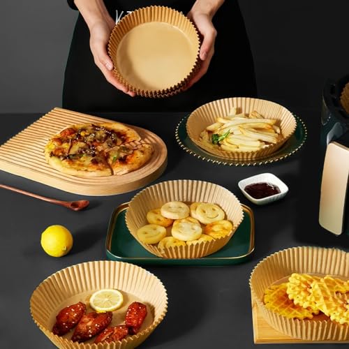 Disposable Air Fryer Paper Liners Round, 100 pcs Non-stick Parchment Greaseproof, Waterproof, Food Grade Baking Paper for Microwave, Oven, Steamer,9 inch Air Fryer Liner - size: 9"