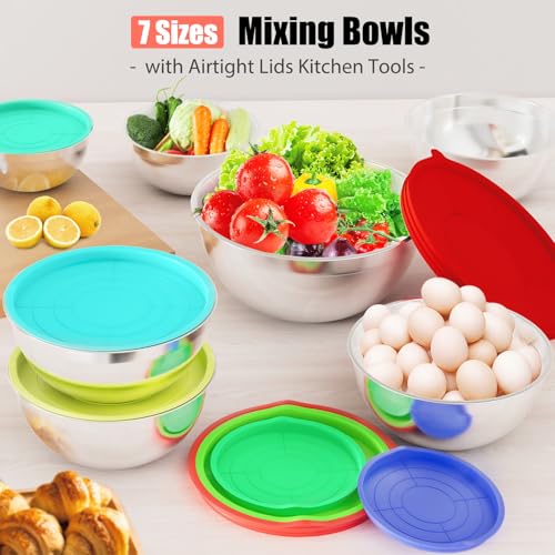 Stainless Steel Mixing Bowls Set with Lids & 3 Grater Attachments, Colorful - color: Multicolor