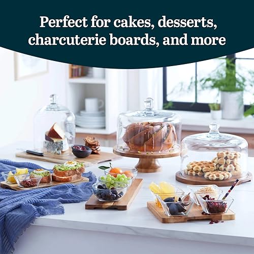 Libbey Acacia Wood Cake Stand with Glass Dome Lid, Footed Server - color: Footed Round
