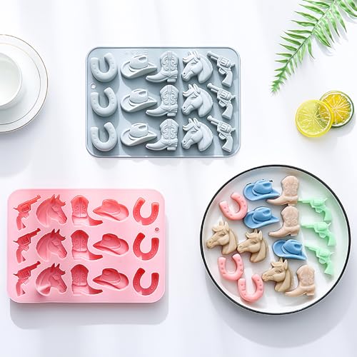 2 Pcs Cowboy Chocolate Silicone Molds, 15 Cavity Western Theme Cowboy Horse Boots Hat Molds Non-Stick Baking Molds for DIY Candy, Gummy, Ice Cubes, Jelly
