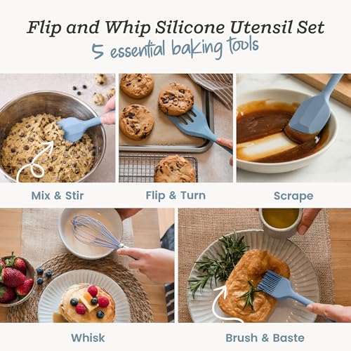 Starpack Flip and Whip Silicone Baking Utensils Set (5-Piece) - LFGB Non Toxic, 600°F Heat Resistant, BPA-Free - Whisk and Rubber Spatula Set with Pastry Brush - Dishwasher Safe, Nonstick Light Blue - color: Light Blue