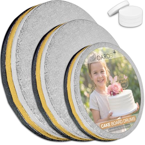 Cake Board Drums 8, 10 & 12 Inch (9 Pack) in Silver, Gold & Black Color - color: Silver + Gold + Black