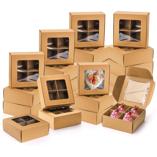 Eorbow 40 Pack Brown Bakery Boxes with Window and Dividers, 6 x 6 Inch Mini Pastry Boxes with 4 Compartments, Kraft Treats Gift Boxes with Inserts, Cupcake Packaging Containers for Pastries Biscuits