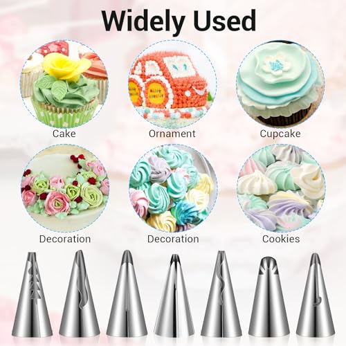 9 Pcs Reusable Piping Bags and Tips Set, Stainless Steel Ruffle Large Piping Tips with Pastry Bag Cake Decorating Tips for Cupcakes Cookies Cake Decoration Tools