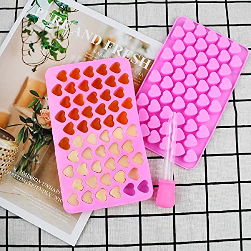 2 Pack Silicone Mini Hearts Molds with 2 Droppers Ice Cube Heart Mold Mini Hearts Shape Mould for Baking Silicone Molds for Chocolate Gummy Candy Soap Jelly Cake Heart Ice Tray (Pink)