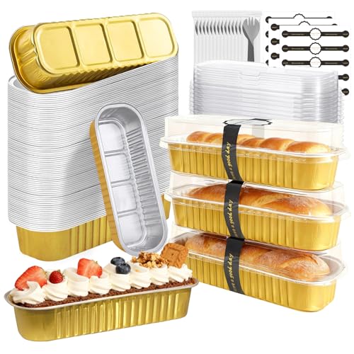 Mini Cake Pans with Lids and Spoons 200 Pack, Mini Loaf Pans with lids 6.8oz, Small Disposable Aluminum Foil Loaf Pans, Rectangular Baking Container for Party, Picnics and Housewarming (Gold) - color: Gold