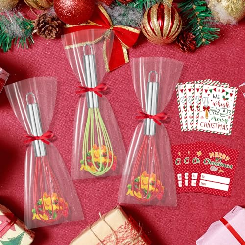 6 Sets 8 Inch Christmas Whisk Bulk Baking Supplies, Xmas Silicone Whisks Baking Gift Set with Greeting Cards Ribbon Bags, We Whisk You A Merry Christmas Neighbor Gifts for Employee Cooking Ornaments
