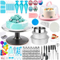 Aluminum Alloy Revolving Cake Stand & Carrier - 268PCS Kit with 54 Piping Tips, Acrylic Cake Discs, Various Spatulas