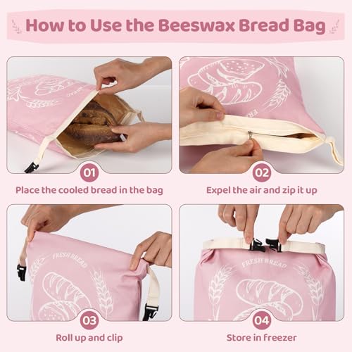 2 Pack Beeswax Bread Bags with Zipper, XL(13x17in) Sourdough Bread Storage for Homemade, Freezer Storage Bag to Keep Fresh, Cotton Beeswax Container, Baguette Bag with Liner, Kitchen Baking (Pink) - color: Pink
