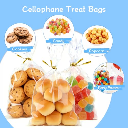 Gewutho 100 Pack Cellophane Bags, 6×10-Inch Clear Cellophane Gift Bags with 100 Gold Twist Ties Included, Plastic Packaging Bags Ideal for Wrapping Cookies, Candies, Party Favors, and Popcorn