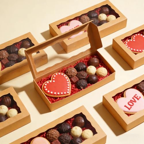 XINHPKGG 50 Pcs Brown Cookie Boxes 12x5x1.5 Inch Bakery Boxes with Window - color: Brown