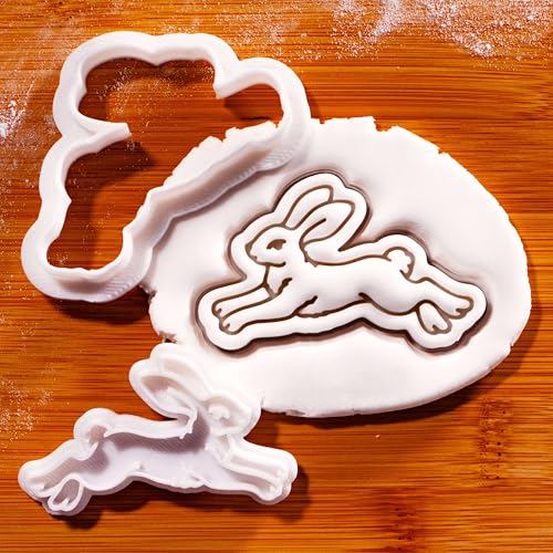 BAKERLOGY Leaping Hare Mini Cookie Cutter and Stamp Set – Woodland Fondant Embosser, Cupcake Topper for Easter, Spring, Cottagecore, Nature Baking Decoration Tool