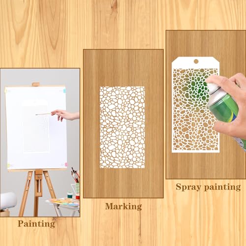 8 Pieces Stencils for Crafts, Leopard Brick Dot Layering Stencils with Keyring Mixed Media Plaid Texture Crackle Marble for Painting on Card Making Canvas DIY Crafts Furniture Paper Airbrush