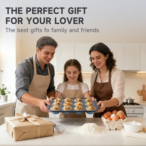 Boyun Silicone Muffin Pan for Baking,No-Spill Easy-Transfer Design,Reinforced Steel Frame, Non-Stick & Dishwasher Safe,12-Cup Regular Size Muffin & Cupcake Pan Bakeware for Oven (Blue 2pcs) - size: 2pcs