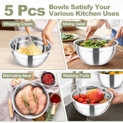 TeamFar Mixing Bowls, Stainless Steel Salad Serving Bowl with Clear Lids - color: Khaki