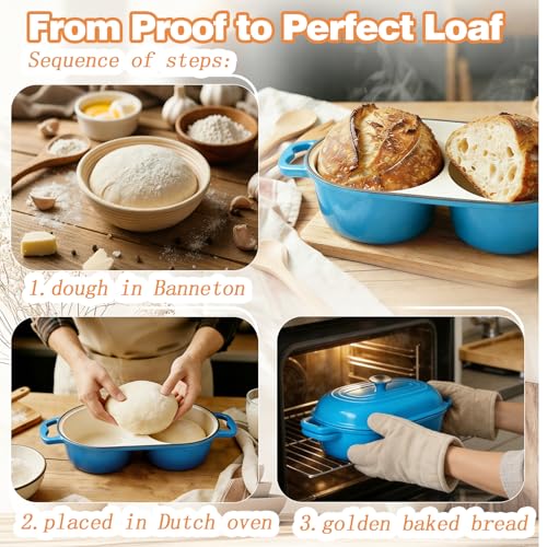 DIY Double Dutch Oven for Sourdough Bread Baking – Enamel Cast Iron Bread Baker with Lid, Bake Two Different Loaves at Once, 500°F Oven Safe, Includes 2×7" Banneton Proofing Baskets - color: Blue