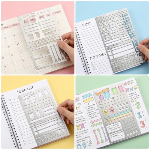 2 Pack Metal Journal Stencils - Stainless Steel Reusable, Planner Stencils for Planner & Bullet Journal, Lists, Creative Journaling, DIY Scrapbooking, Habit Tracker