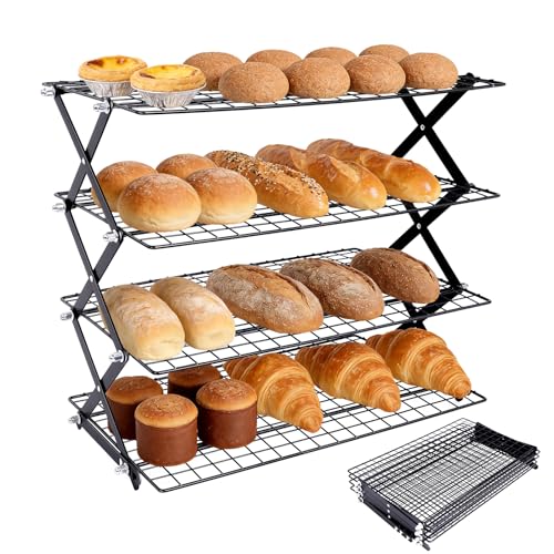 4 Tier Collapsible Cooling Rack, 2/3/4-Tier Upgraded,Adjustable ＆ Stackable Baking Rack, 5 Modes Cooling Racks for Cooking and Baking, Roasting ＆ Grilling Gifts for Picnic Party - color: A4-Black