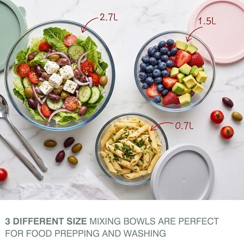 Greentainer Borosilicate Glass Mixing Bowls with BPA-Free Lids Set of 3 (2.9, 1.6, 0.7 QT), Clear Salad Bowl for Kitchen Baking, Cooking, Serving, Meal Prep, Dishwasher, Freezer & Microwave Safe