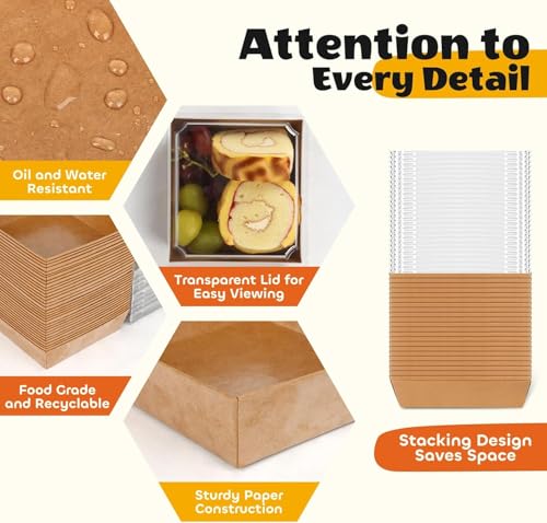 100Pcs Small Charcuterie Boxes with Clear Lid, Kraft Food Container
