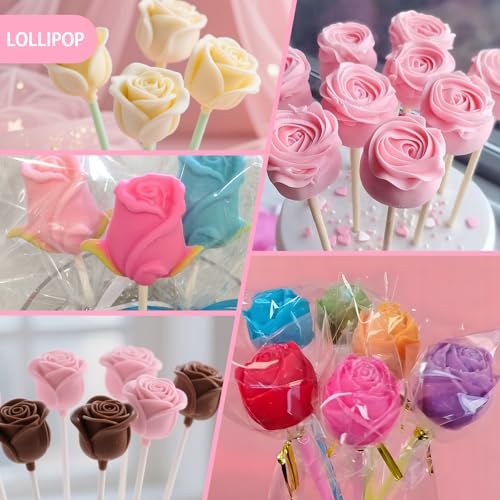 Rose Cake Pop Mold Kit 2 Pack Rose Lollipop Mold Flower Sucker Molds Flower Lollipop Baking Molds Tray with 300pcs Lollypop Sucker Sticks and Bags for Chocolate Jelly Hard Candy Cake Cupcake - color: Rose