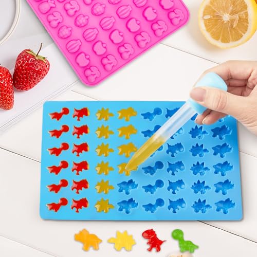 3Pcs Gummy Candy Molds - Silicone Mini Gummy Bear/Dinosaur/Fruit Snack Molds with 2Pcs Dropper,Non-stick and Bpa Free for Candy Chocolate Gummies Baking - color: 3pcs Candy Molds
