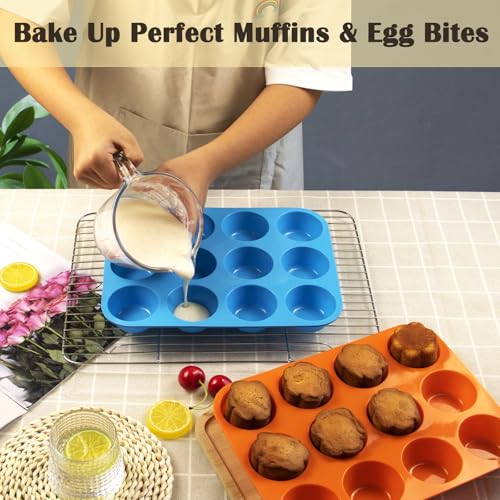 12 Cups Silicone Mini Muffin Pan Set, Nonstick Mini Cupcake Pans, BPA Free Small Muffin Tin for Baking, Set of 2 (Blue+Orange) - color: Set of 2--12 Cups (Blue+Orange)