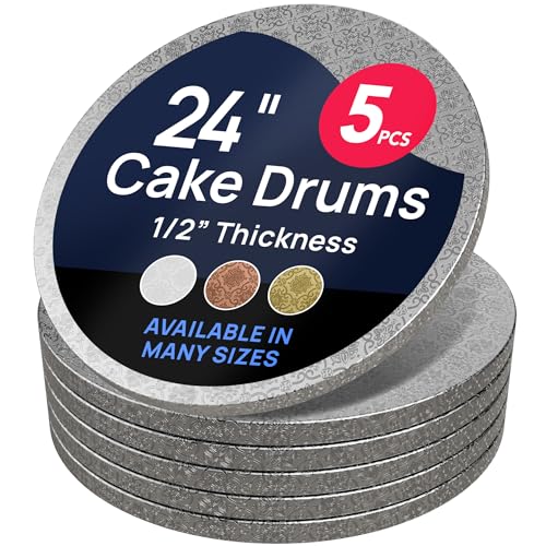 O’Creme Cake Board, Silver Foil Round Cake Circles with Gorgeous Design, Sturdy & Durable 1/2” Thick Cake Drums, Round Cake Boards with 24” Diameter, Pack of 5 Disposable Cake Drums - color: Silver, size: 24"