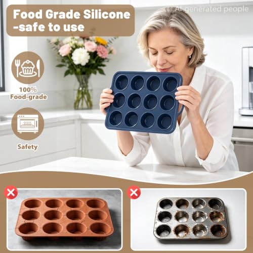 2 Pack Silicone Muffin Pan 12 & 24 with Frame Non Stick Cupcake Baking Tin - color: Gray, size: Regular & Mini: 12 Cup & 24 Cup