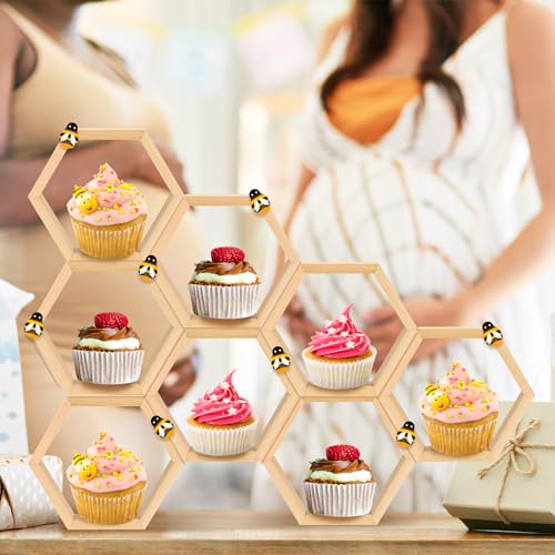 Fairysandy 12 Pcs Mini Honeycomb Cupcake Stand 50 Tiny Wooden Bee, Wood - color: Wood Color