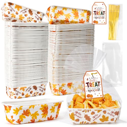 50 Sets Fall Disposable Mini Loaf Pans with Bags Ties Greeting Cards