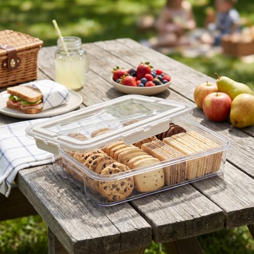 Cookie Storage Box with Airtight Lid and Handle, Clear Portable Plastic Food Container, Low Profile Snack Organizer Case for Desserts, Cupcakes, Dumplings, Fruit, Bread, Bagel, Donut