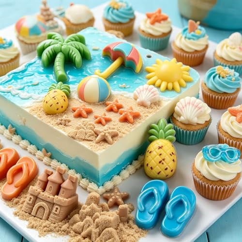 2Pcs Summer Beach Theme Silicone Molds for Chocolate, Coconut Tree Starfish Shells Beacon Pineapple Shape Candy Chocolate Mold for Tropical Summer Party Marine Jello Cookie Ice Cube Baking Mould - color: B