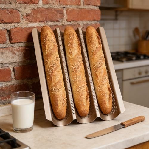MOUYAT 3 PCS Baguette Bread Pans, 15.2 x 11.2 Inch Gold Carbon Steel 3 Cavity Bread Baking Pans, Nonstick Baguette Bread Loaf Pans for Long Shaped Bread Baking