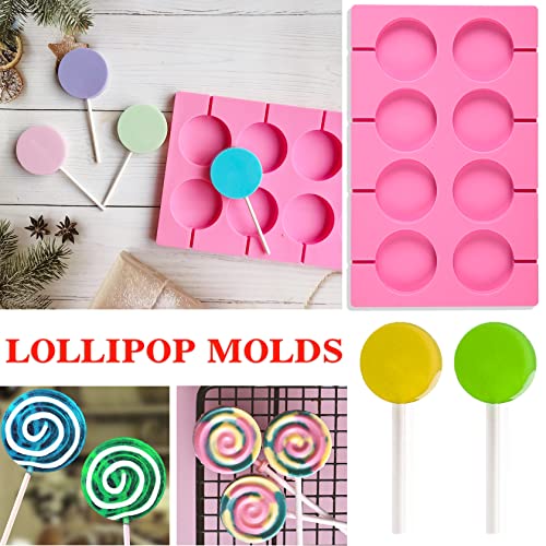 2x8 Capacity Round Silicone Lollipop Molds,Nonstick Chocolate Hard Candy Mold Silicone Sucker Mold with 20 Sticks for Hard Candies,Chocolate,Bread,Jellies,Suction Cup,Etc - color: 2P