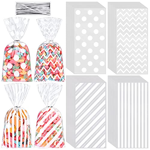 Aodaer 100 Pieces 10.6 x 5.1 In White Cellophane Bags Plastic Candy Gift Bag Cellophane Treat Bags with Twist Ties Stripes Polka Dot Printed Pattern Goodie Bag for Birthday Weddings Party Favors - color: White