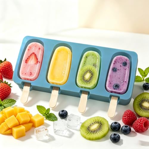 Silicone Popsicle Molds, 2 Pcs Blue Popsicles Molds, 4 Cavities Ice Cream Mold with 50 Wooden Sticks for Making Cakesicles Fudgesicle Candy DIY Cake Ice Pop Summer Party Supplies - color: Blue