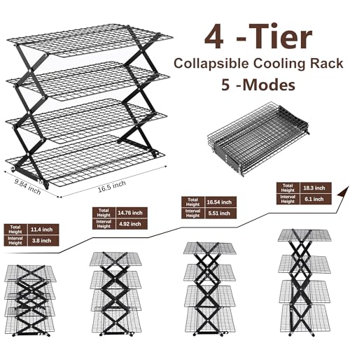 Pleafind 2/3/4-Tier Collapsible Cooling Rack - 3 Setting Design, Adjustable ＆ Stackable Baking Rack, 5 Modes Cooling Racks for Cooking and Baking, Roasting ＆ Grilling Gifts for Picnic Party - color: Black