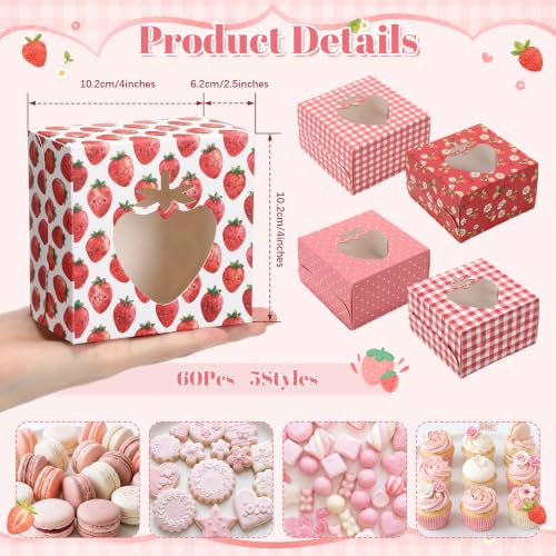 Eaasty 60 Packs Strawberry Cookie Boxes with Window 4x4x2.5 Inches - style: Strawberry