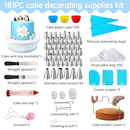 Cake Decorating Supplies180 Set,Steel Piping Frosting Tips For Beginners With Cake Turntable Icing SpatulaCake Spatula,baking tools and accessories for cakes Cake Spinner for decorating - color: 181PC